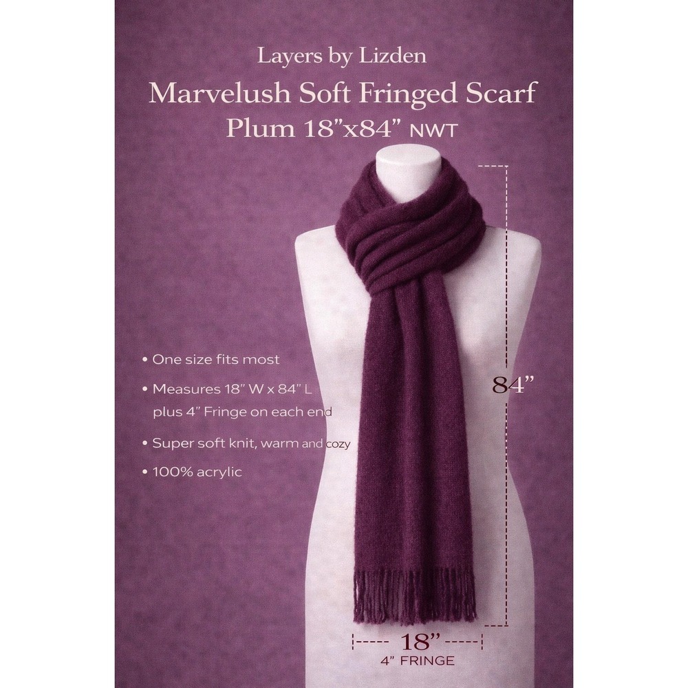 Layers by Lizden Marvelush Soft Fringed Scarf Plum Purple 18x84‎ NWT
